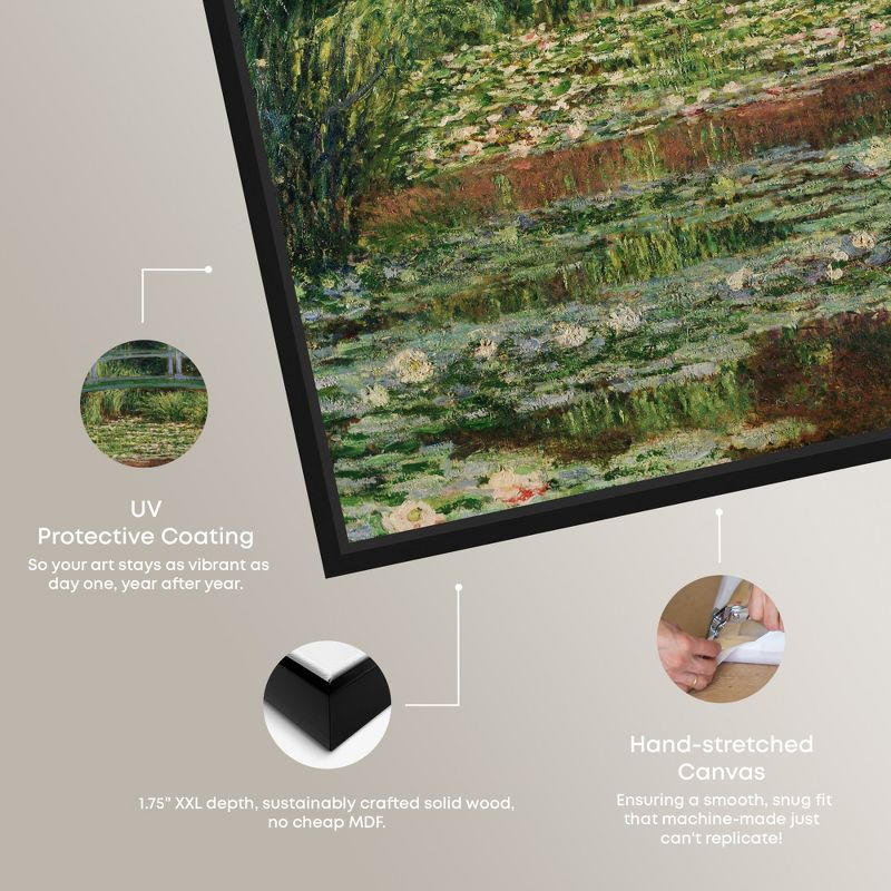Monet - The Japanese Footbridge and the Water Lily Pool Giverny Canvas Impressionism Wall Art by Art Remedy, Black Frame, 16" x 16"