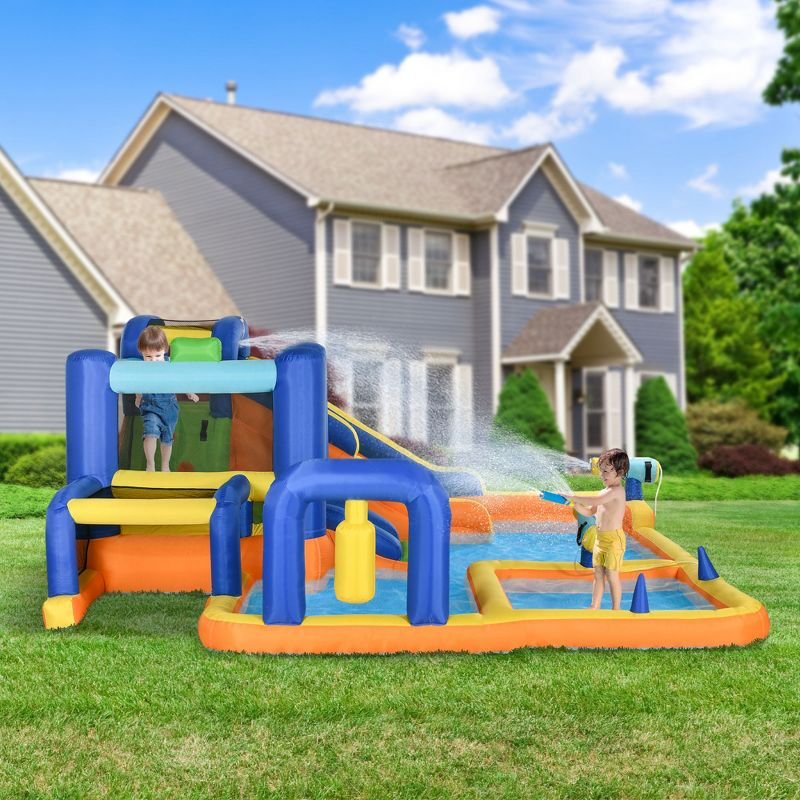 Outsunny 7 in 1 Water Slide with Slide, Pool, Climbing Wall, Water Cannon, Basketball Hoop, Boxing Post, Football Stand for 3-8 Years Old Kids