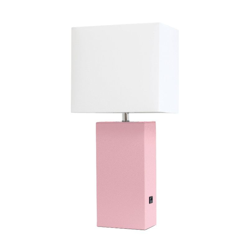 Modern Leather Table Lamp with USB, White Linen Shade, No Assembly - Elegant Designs: UL Listed, 1-Way Switch