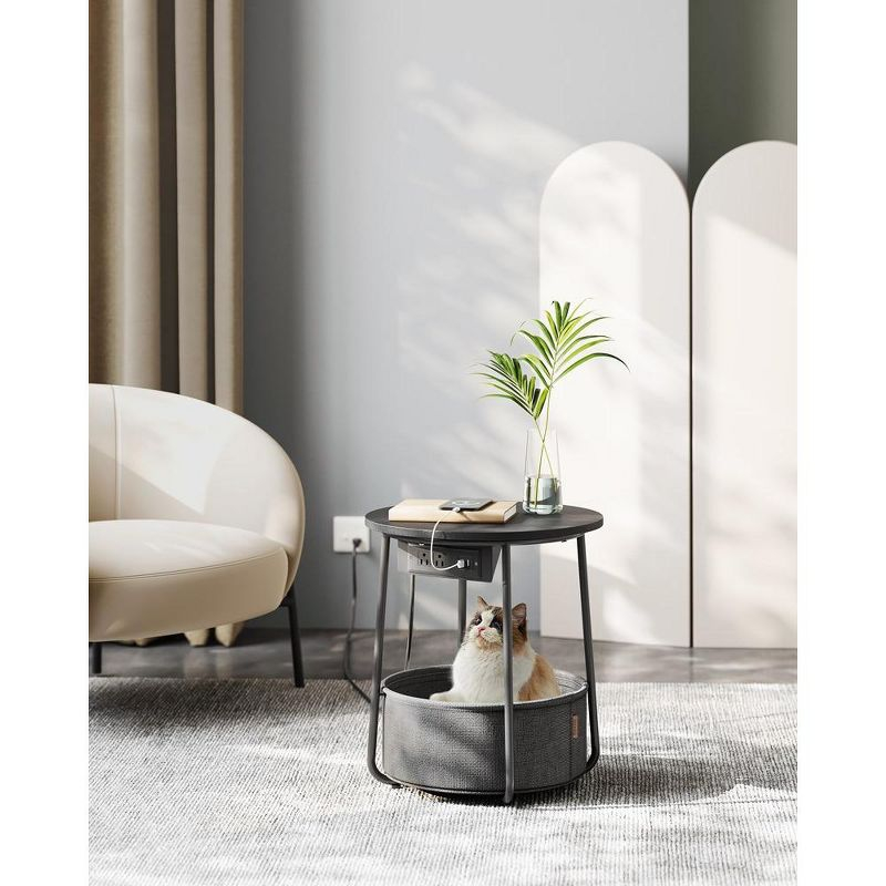 VASAGLE Side Table with Charging Station, Round End Table With Fabric Basket, Nightstand with Power Outlets USB Ports Ebony Black and Slate Gray