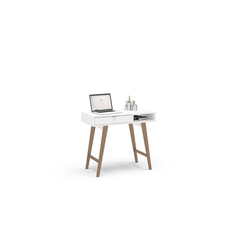 Polifurniture Windsor Writing Desk White: Mid-Century Modern Style with Open Storage Shelf