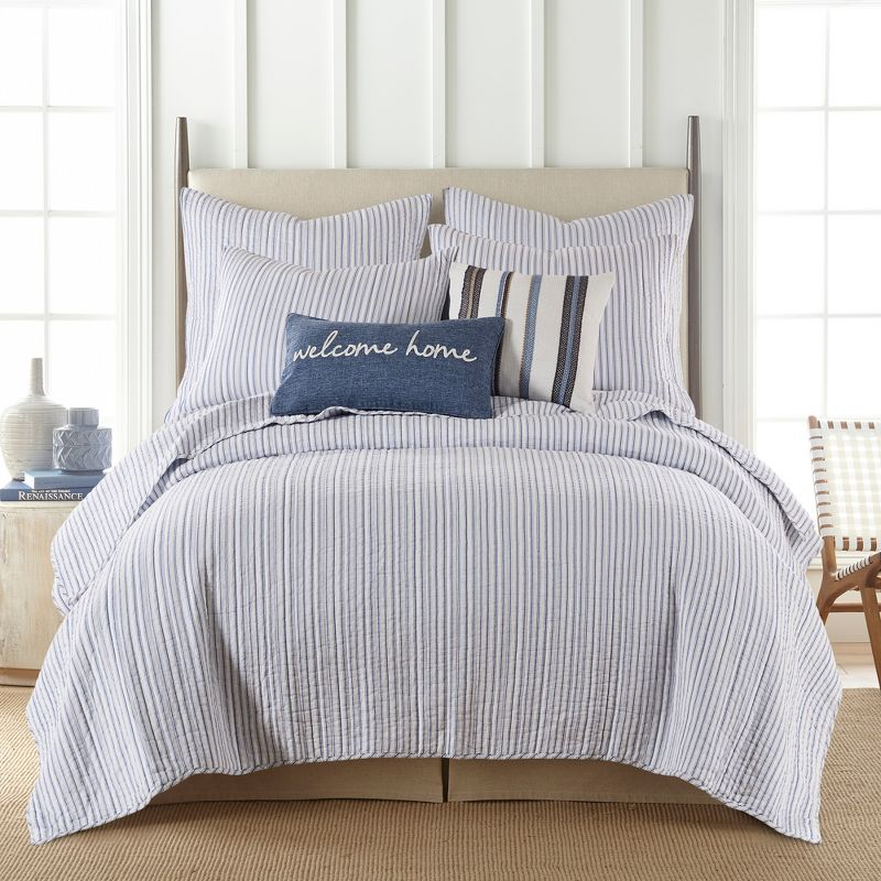 Tobago Stripe Blue Quilt Set - One Full/Queen Quilt and Two Standard Shams - Levtex Home