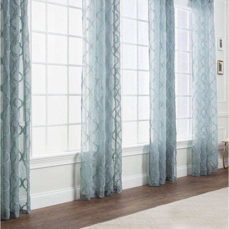 Chanasya 2pk Moroccan Embroidered Grommet Textured Sheer Window Curtain Panels - Set of 2 - 52 x 63 Inches Long - Tan Turquoise