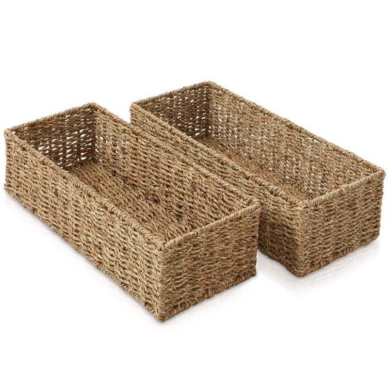 Casafield Bathroom Storage Baskets - Set of 2, Natural - Seagrass, 16" W  x 6.75" D x 4.25" H, Woven Toilet Paper, Tissue, Shelving Bins
