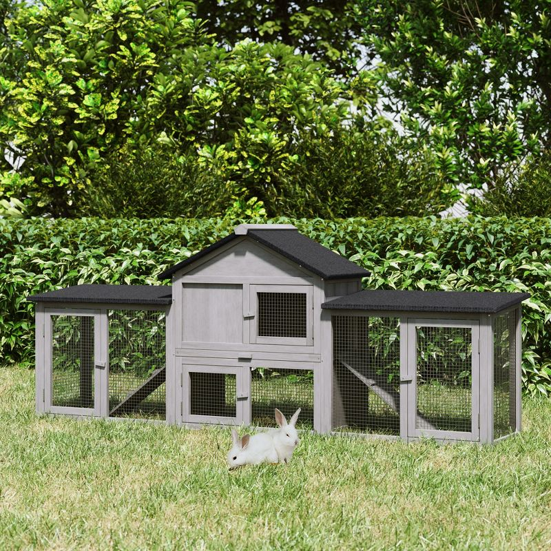 PawHut 83" Wooden Rabbit Hutch Large Bunny Hutch House with Double Run, Removable Tray and Waterproof Roof for Outdoor, Gray