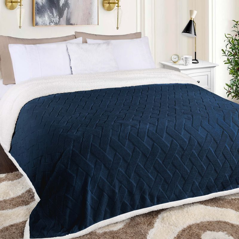 Jacquard Lattice Fleece Plush Reversible Blanket, Throw, Navy Blue - Blue Nile Mills