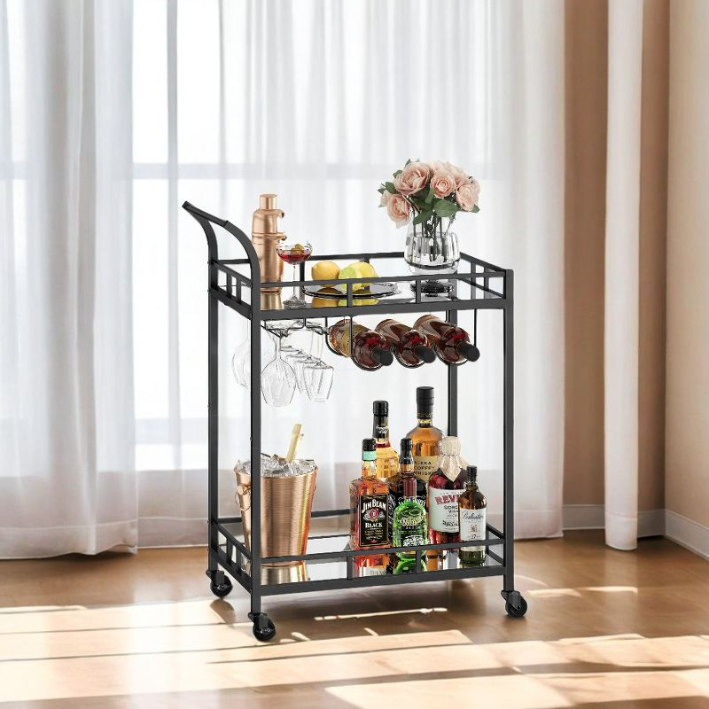 Bar Cart Black, Home Bar Serving Cart, Wine Cart With 2 Mirrored Shelves, Wine Holders, Glass Holders, For Kitchen, Dining Room