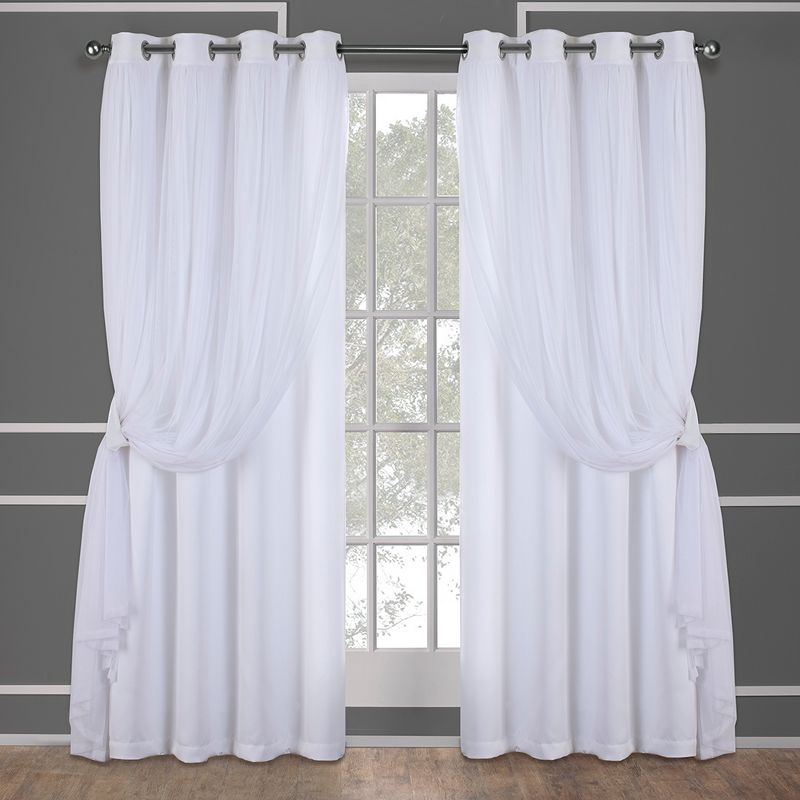 Set of 2 (108"x52") Catarina Layered Solid Blackout & Sheer Window Curtain Panel: White Curtains, Room Darkening
