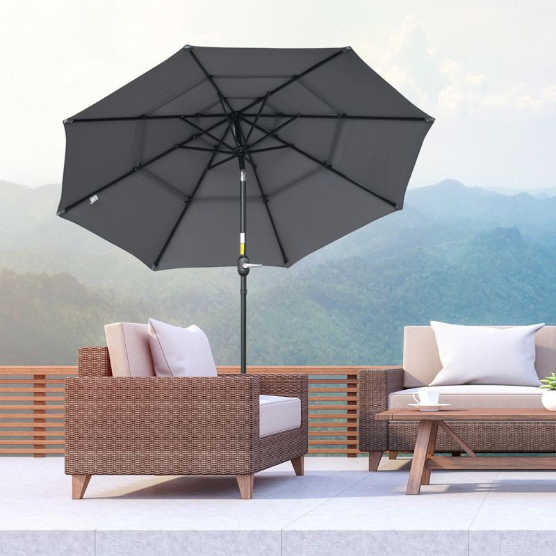 Outsunny 9' 3-Tier Patio Umbrella, Outdoor Market Umbrella with Crank and Push Button Tilt for Deck, Backyard and Lawn, Dark Gray