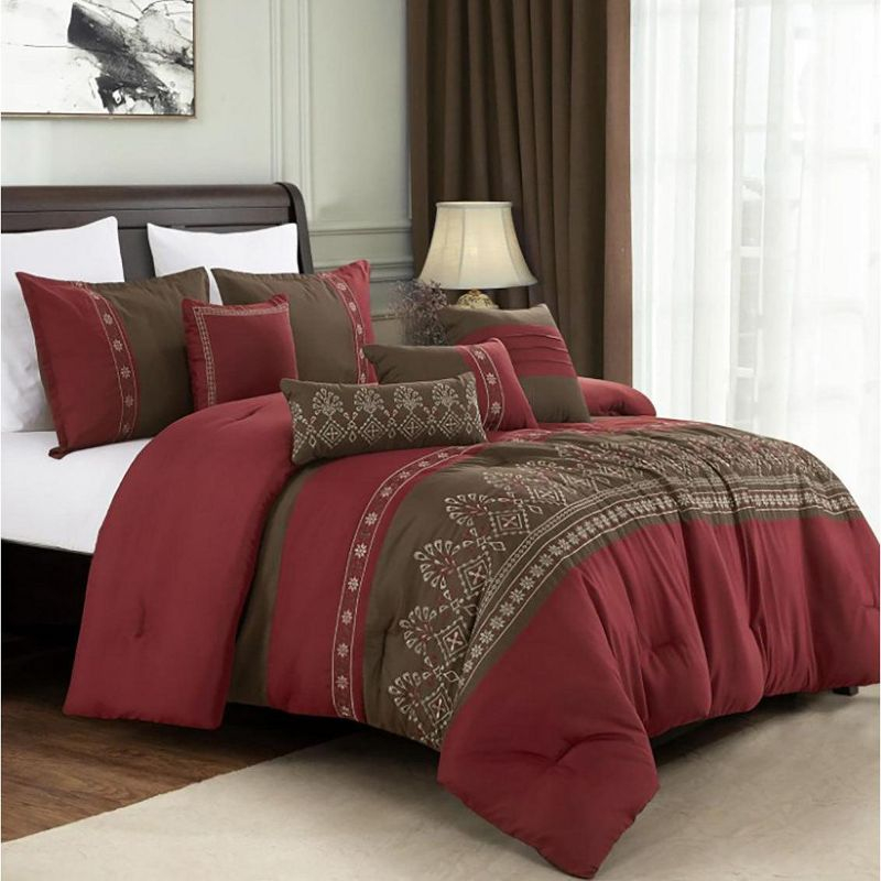 King Size 7 Piece Burgundy Brown Embroidery Soft Bedding Comforter Set