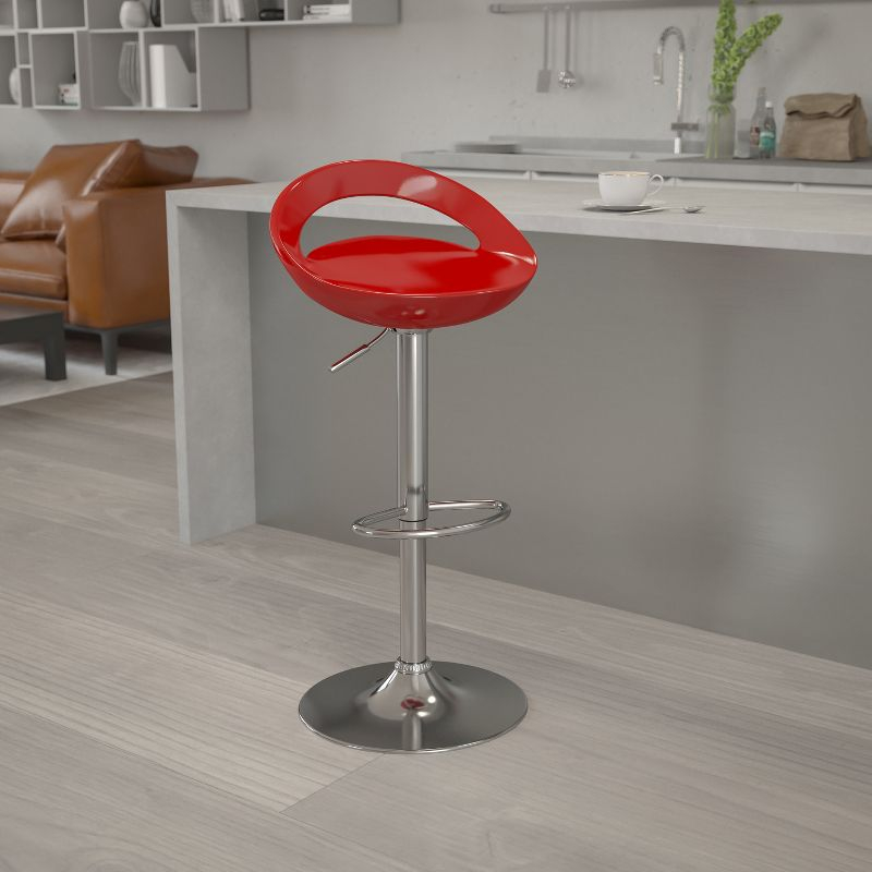 Flash Furniture Contemporary Red Plastic Adjustable Height Barstool with Rounded Cutout Back and Chrome Base