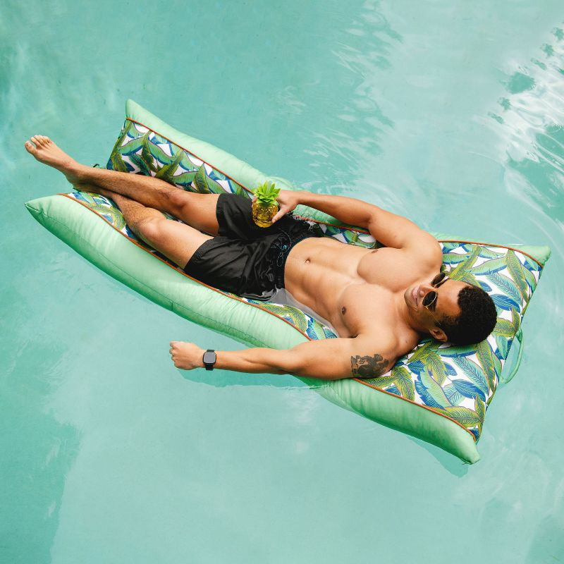 Big Joe Kona No Inflation Needed Pool Lounger with Headrest, Tropical Palm Green Double Sided Mesh, Quick Draining Fabric