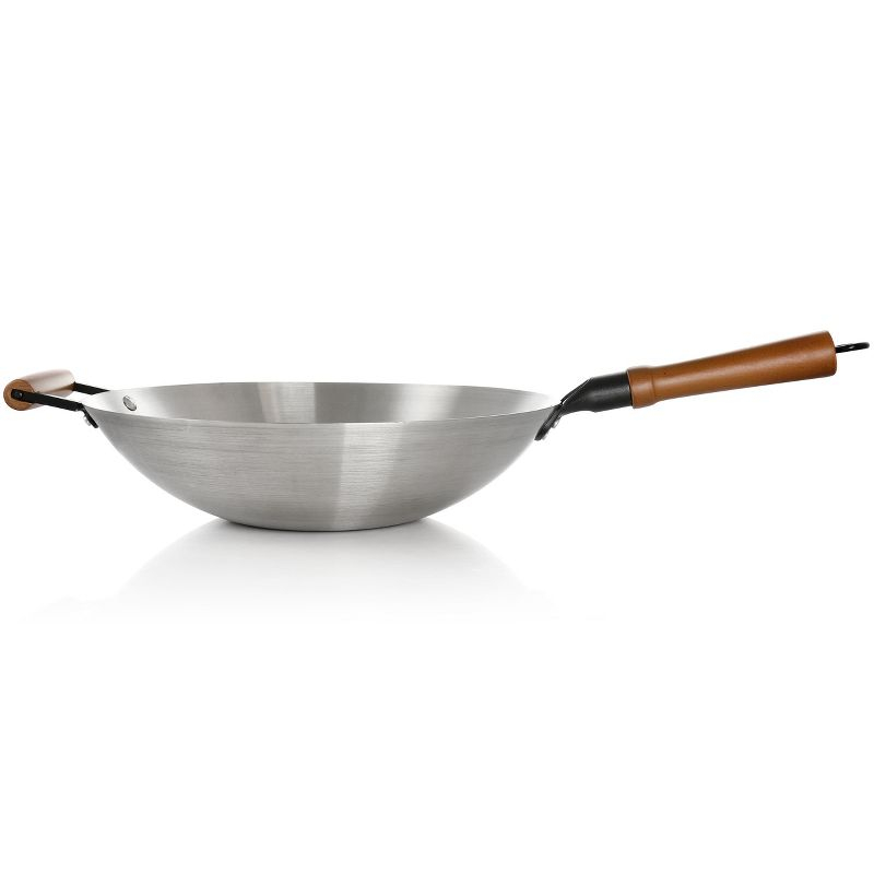 Oster Sangerfield 14in Stainless Steel Flat Bottom Wok with Wooden Handles