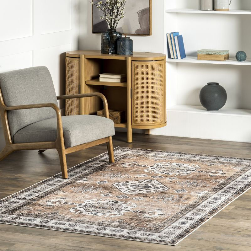Nuloom Evelina Medallion 6x9 Spill Proof Machine Washable Indoor Area Rug for Living Room Bedroom Dining Room Kitchen, Light Orange/Ivory