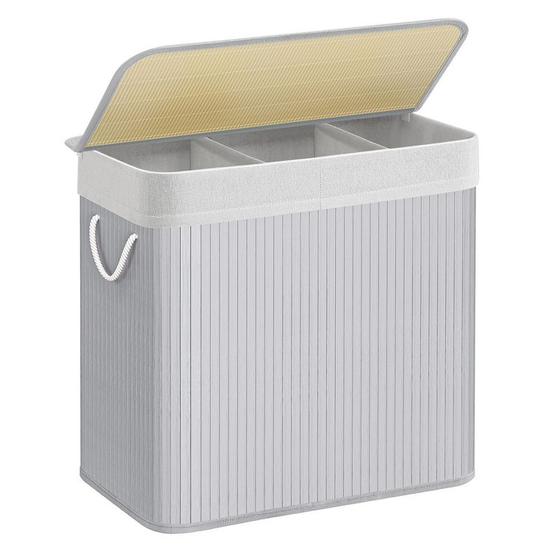 SONGMICS 39.6Gal (150L) Laundry Hamper, 3-Section Laundry Basket, Laundry Hamper with Lid, Bamboo, Foldable, Removable and Machine Washable Liner,Gray