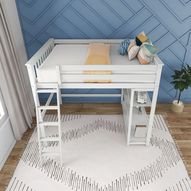 Max & Lily Solid Wood Full Size High Loft Bed with Bookcase for Kids, White