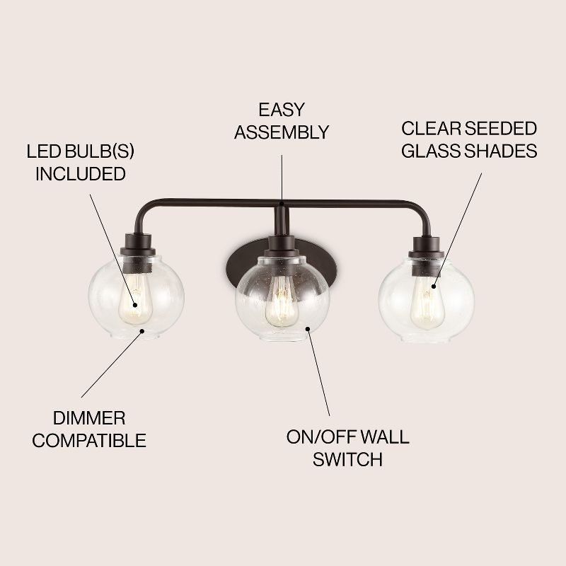 JONATHAN Y Sandrine 26.25" 3-Light Iron/Seeded Glass Cottage Rustic LED Vanity Light, Oil Rubbed Bronze