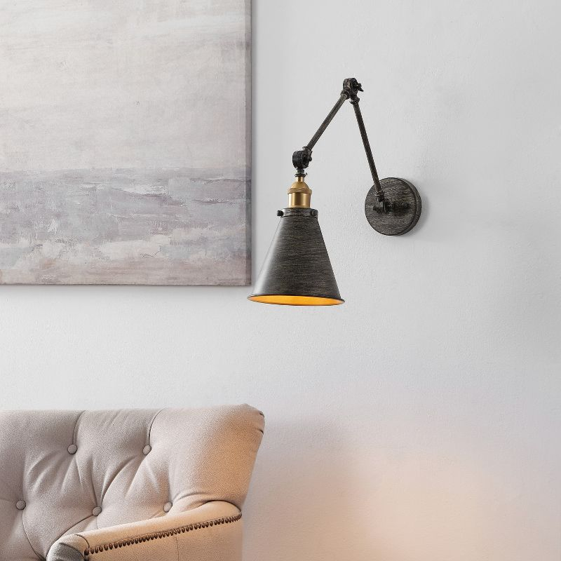 JONATHAN Y Rover 7" Classic Industrial Metal Adjustable Arm LED Wall Sconce, Rustic Dark Gray/Brass Gold