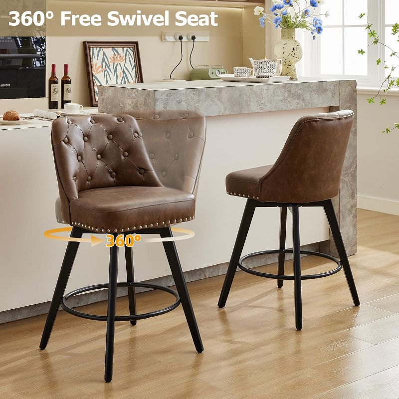 Counter Bar Stools Set of 2, Modern Swivel Bar Stools with Back and Wood Legs, 26" H Upholstered Bar Chair for Kitchen Island Home Bar, Leather Brown