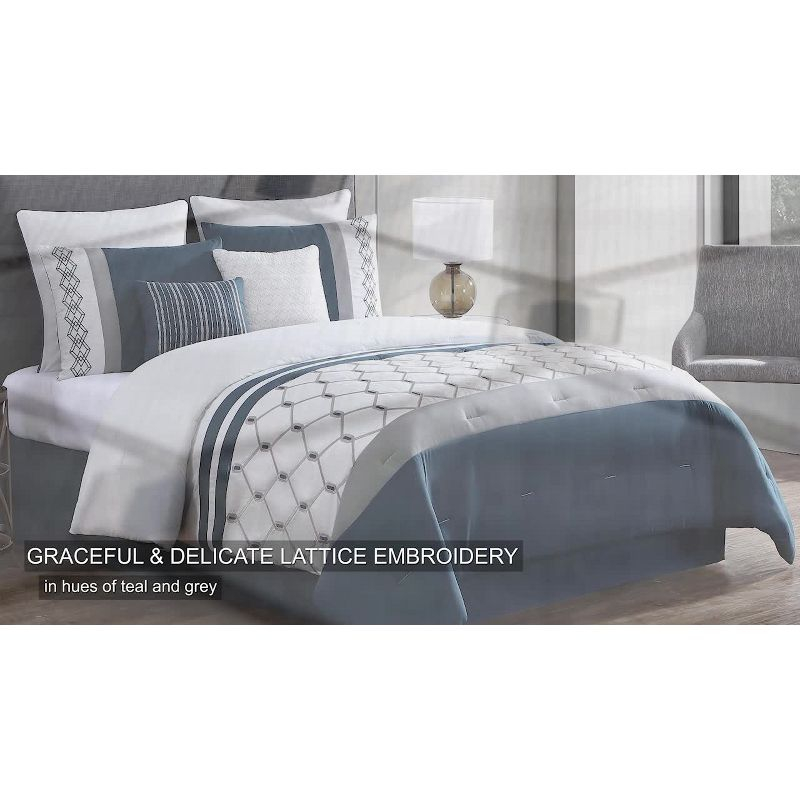 8pc Queen Ellison Embroidered Colorblock Comforter Bedding Set - Dark Teal: Microfiber, OEKO-TEX Certified, Includes Euro Shams & Bed Skirt