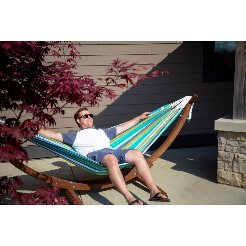 Vivere 8ft Double Cotton Hammock with Solid Pine Arc Stand - Cayo Reef Color