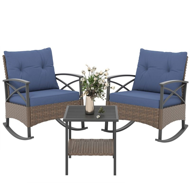 Outsunny 3 Piece Rocking Chair Bistro Set, Outdoor Wicker Porch Conversation Set with 2 Rockers, Table, Tufted Cushions for Garden, Dark Blue