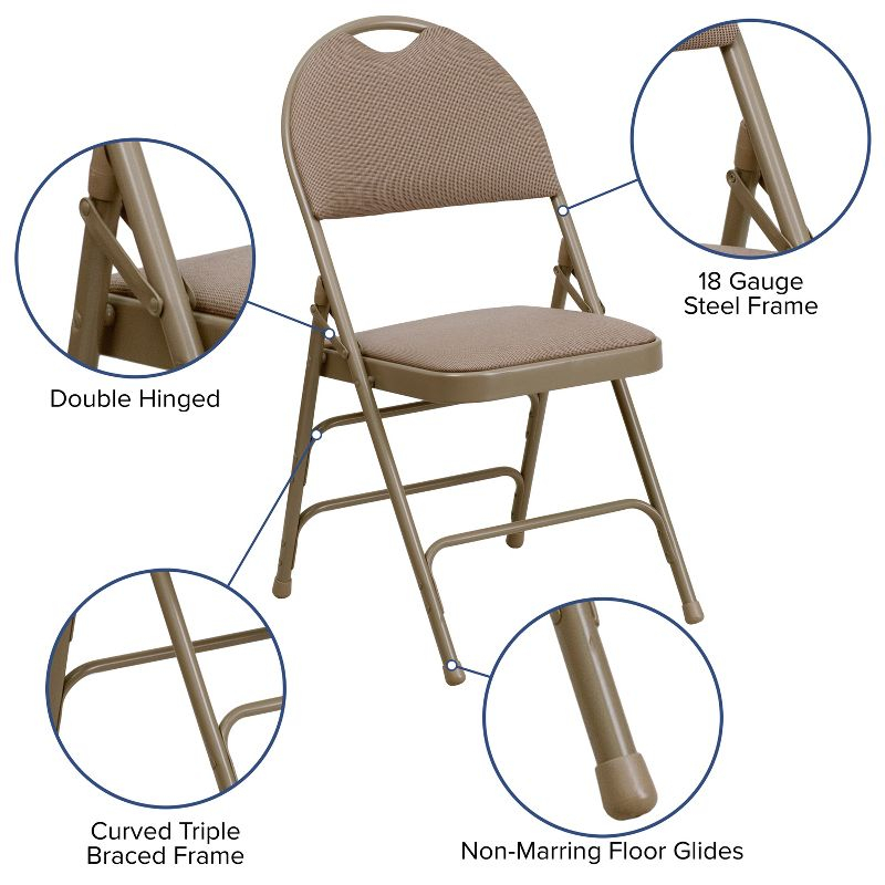 Flash Furniture 2 Pack HERCULES Series Ultra-Premium Triple Braced Beige Fabric Metal Folding Chair with Easy-Carry Handle