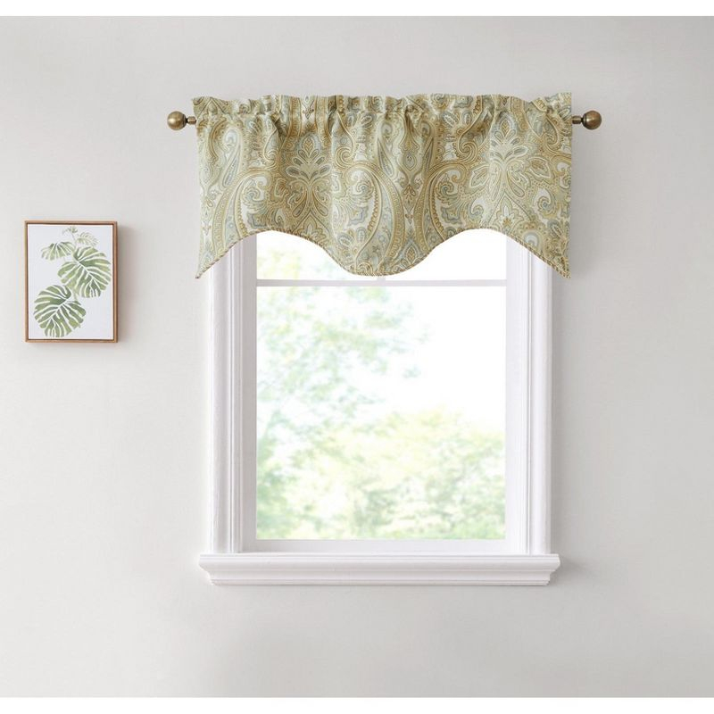 HLC.ME Paris Paisley Rod Pocket Short Scalloped Curtain Valance Basement, Bathroom, Kitchen and Small Windows - Grey/Yellow, 50 W x 20 L