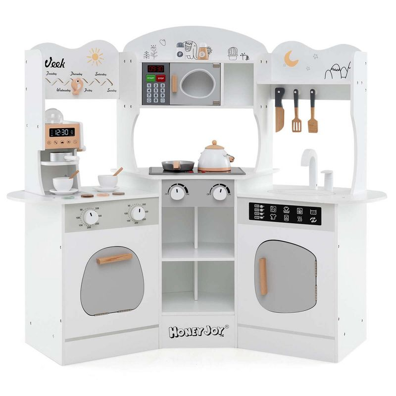 Honeyjoy Corner Kitchen Playset with Coffee Machine Oven Microwave Washing Machine White