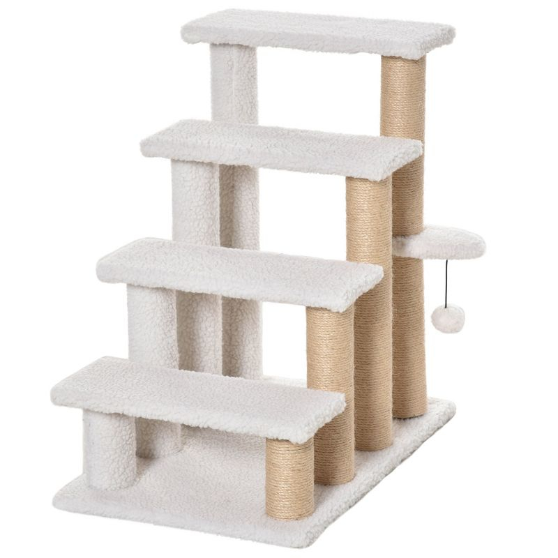 PawHut 4 Levels Cat Steps, Pet Stairs Carpeted Ladder, Kitten Tree Climber with Scratching Posts, Hanging Play Ball, Side Step, White