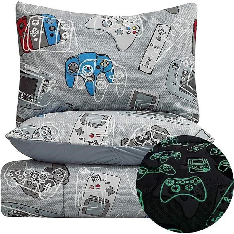 Tadpoles 3-Piece Gamer Glow in The Dark Comforter Set - Game Controllers Print - Full - Blue, Grey