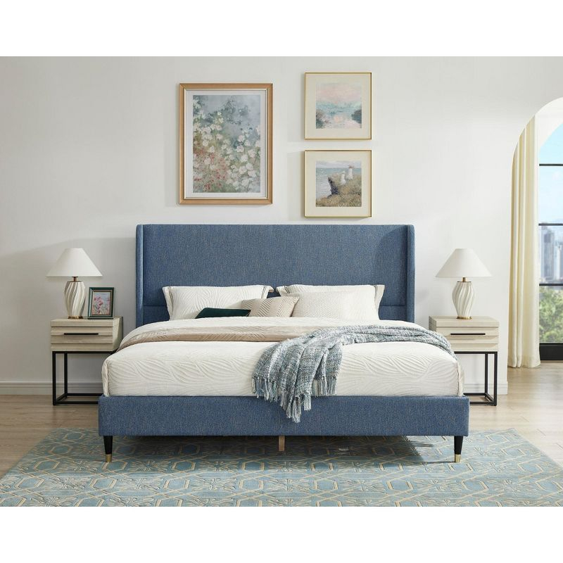 Roundhill Furniture Arles 3-Piece Upholstered Bedroom Set, Wingback Platform Bed with Two Nightstands Blue Fabric Queen