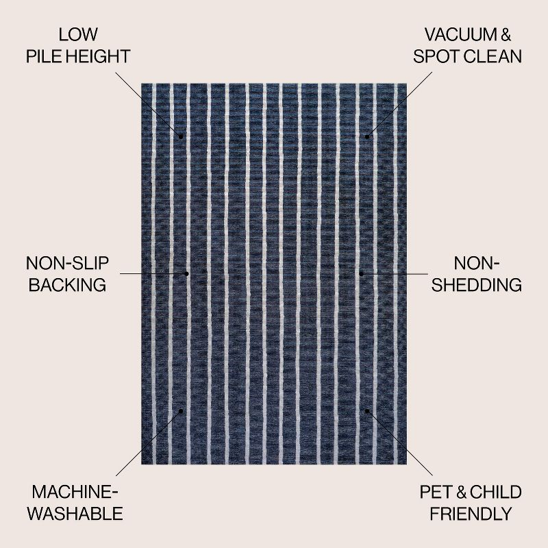 5' x 8' Rand Distressed Ticking Stripe Machine-Washable Area Rug, Navy/Ivory - JONATHAN Y