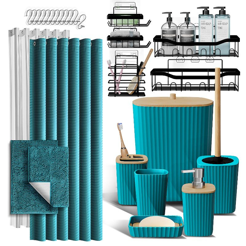 Bathroom Accessories Set with Shower Caddy and Bath Rugs - 27PC Bathroom Accessory Set with Shower Caddies & Teal Bath Rugs, Shower Curtain Set