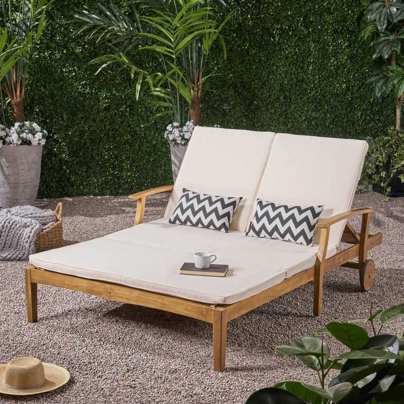 Perla Acacia Wood Double Chaise Lounge Teak/Cream: Patio Daybed with Weather-Resistant Cushions - Christopher Knight Home