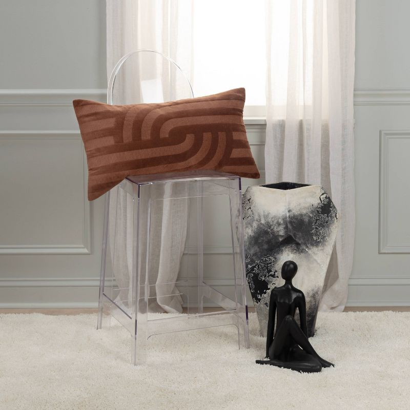 14"x26" Oversized Solid Striped Poly Filled Lumbar Throw Pillow Brown - Rizzy Home: Cotton Velvet, Removable Cover, Indoor Use