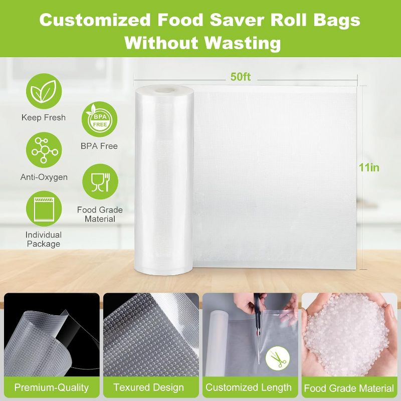 Bonsenkitchen Vacuum Sealer Bags, 11 in x 50 ft Rolls 2 Pack, BPA Free, Commercial Grade Textured Food Roll Bags, Customized Size, Sous Vide Cooking