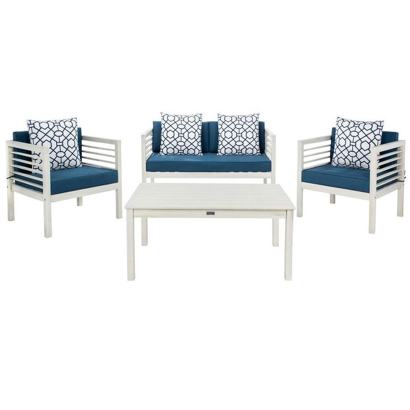Alda 4 Piece Patio Outdoor Conversation Set With Accent Pillows - White/Navy/White - Safavieh
