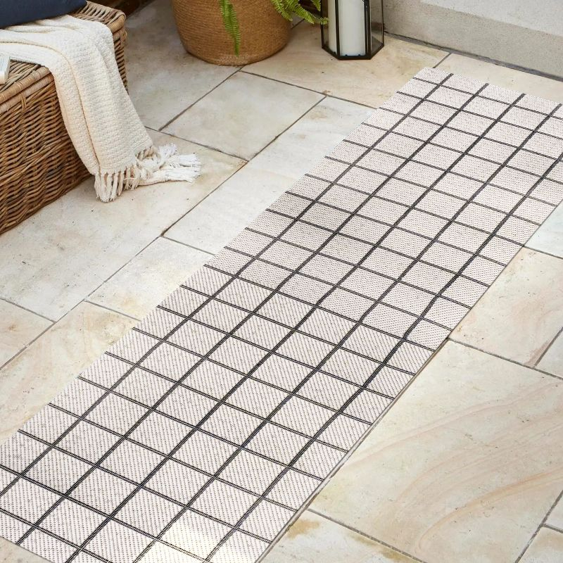 2' x 8' Grid Modern Squares Indoor/Outdoor Runner Rug, Cream/Black - JONATHAN Y