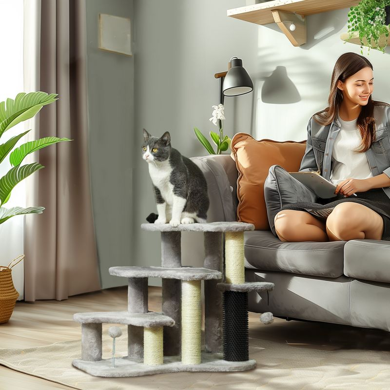 PawHut 20" Cat Tree, 2 in 1 Cat Tower 3-Step Pet Stairs with Scratching Posts, Tickling Post, Toy Balls, for High Beds, Couch, Sofa, Light Gray
