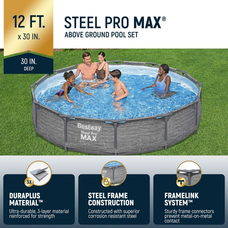 Bestway Steel Pro MAX 12' x 30" Round Above Ground Swimming Pool Set Outdoor Metal Frame Family Pool with Liner and Filter Pump, Gray