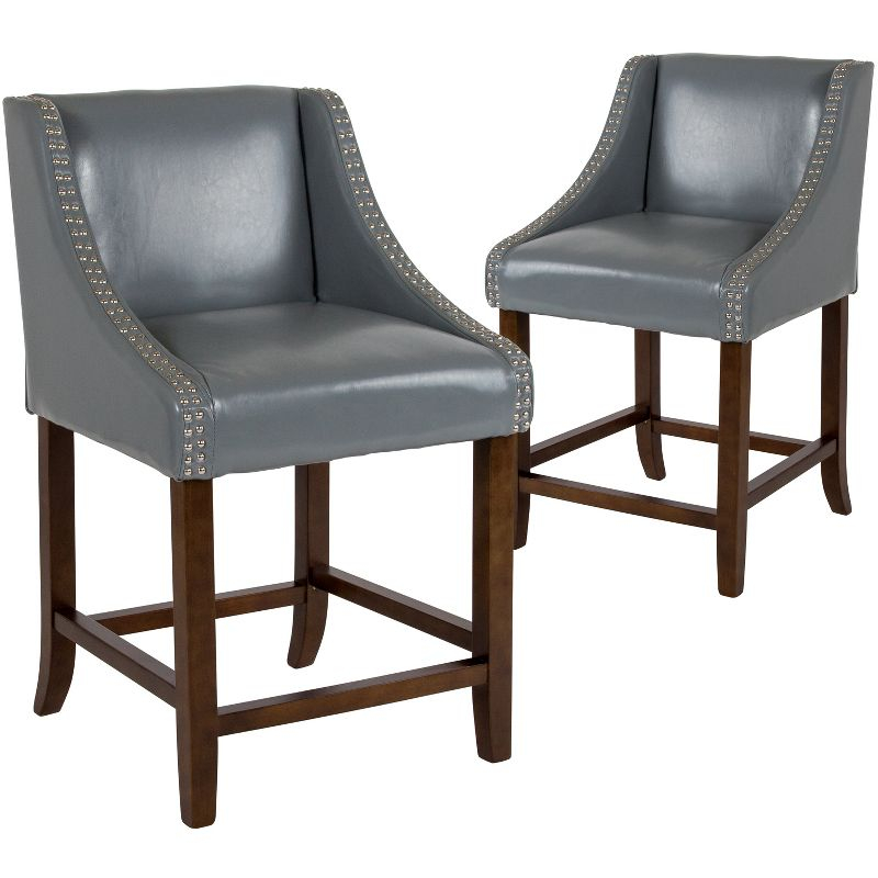 Flash Furniture Carmel Series 24" High Transitional Walnut Counter Height Stool with Nail Trim in Light Gray LeatherSoft, Set of 2