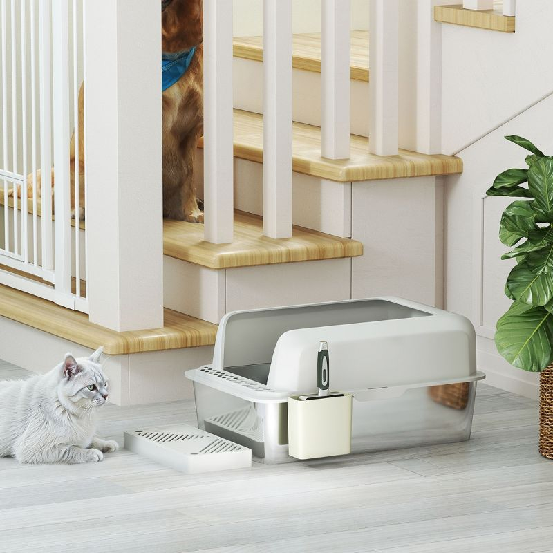 PawHut Stainless Steel Litter Box, Metal Litter Box High Sided, Anti-Urine Leakage, Non-Sticky, with Metal Scoop & Scoop Holder, 24" x 16" x 11"