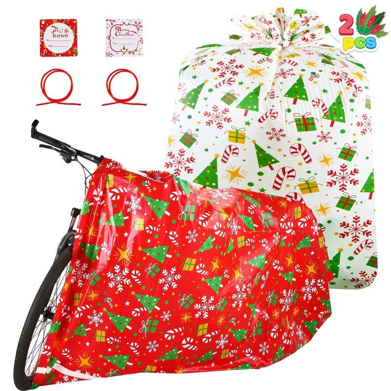JOYFY 2 PCS Jumbo Christmas Bike Bags with Gift Tags - 72” x 60” Bags for Xmas Gift - Red + White