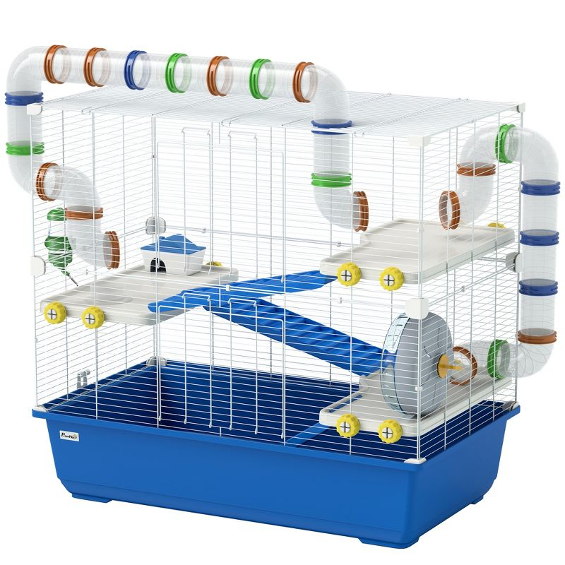 PawHut Hamster Cage, 4 Tier Small Animal Cage Rat Cage with Tunnel Tube System, Hut, Exercise Wheel, Water Bottle, Food Dish, for Syrian, Gerbil, Blue