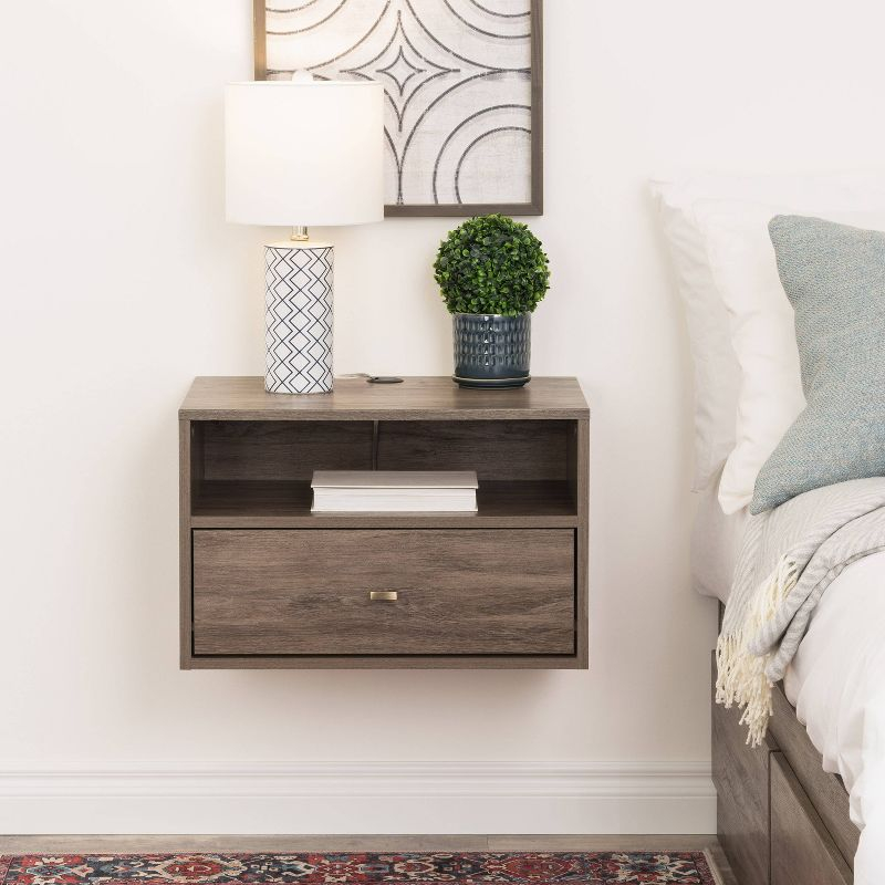 Floating 1 Drawer Nightstand with Open Shelf Drifted Gray - Prepac: Laminated, Cable Management, Metal Glides