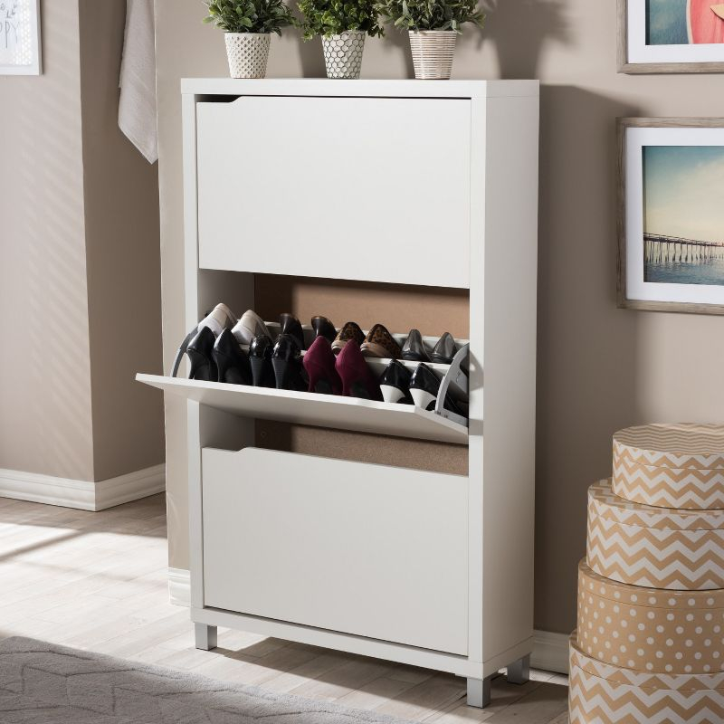 Simms 3 Drawer Modern Shoe Cabinet White - Baxton Studio: Entryway Organizer, Holds 18 Pairs