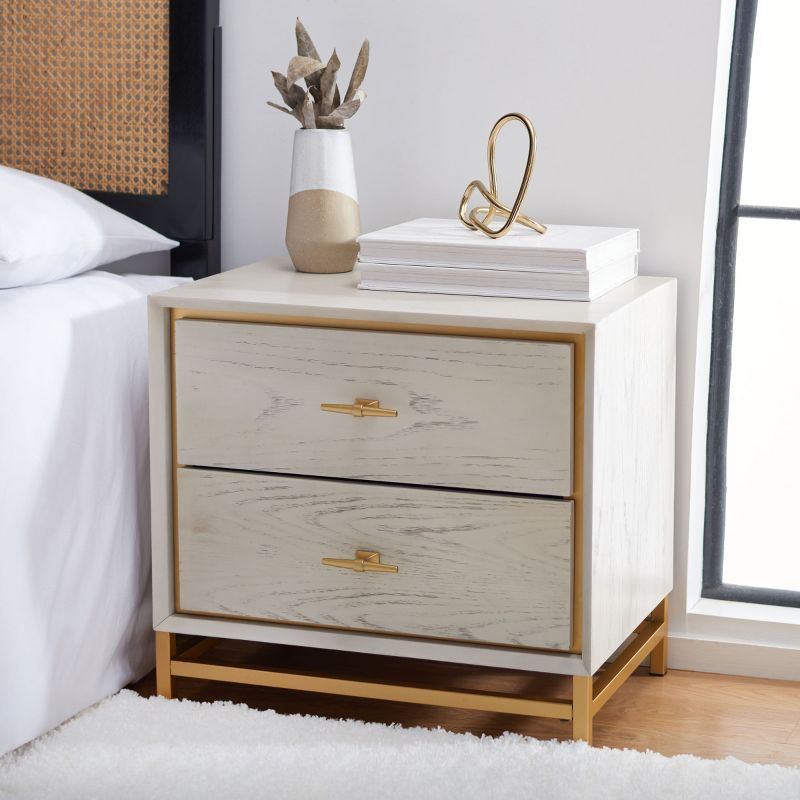 Fenno 2 Drawer Nightstand - NST6401 - White Washed/Brass - Safavieh