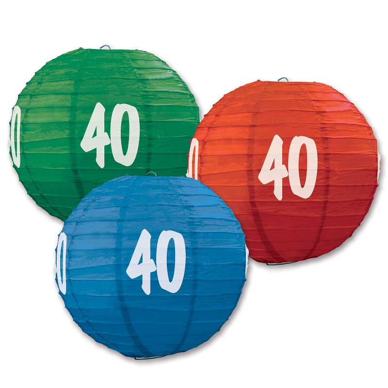 Beistle "40" Paper Lanterns for Birthdays and Anniversaries, 9.5", (3/Pkg) Multicolored