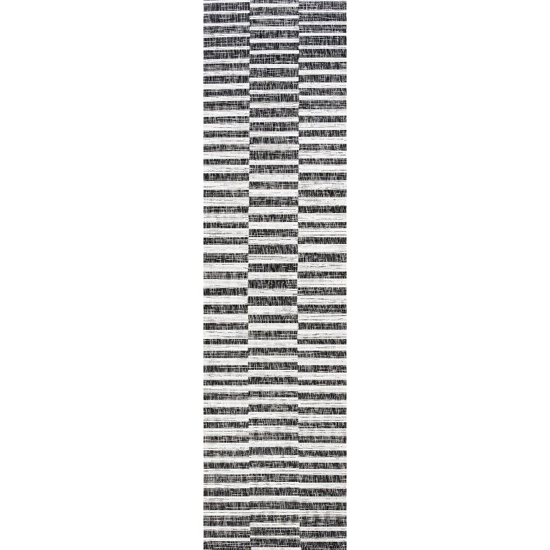 2'x8' Sukie Modern Offset Stripe Indoor/Outdoor Runner Rug, Black/Ivory - JONATHAN Y